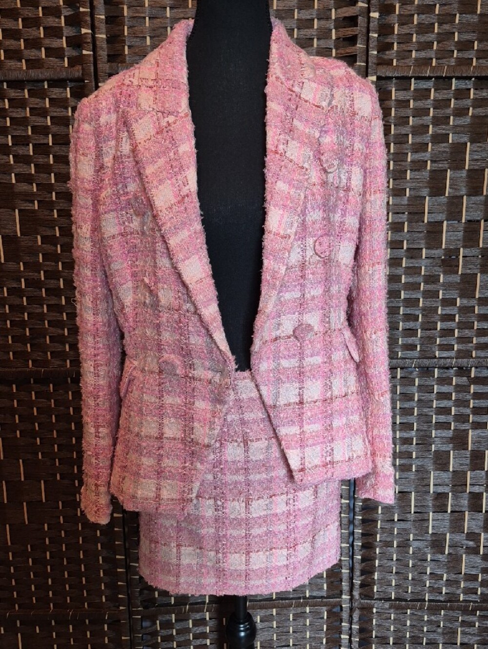 Bardot Pink Tweed Double-Breasted Blazer And Skirt - Picture 3 of 13